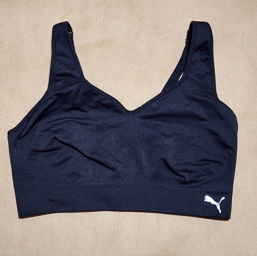 Puma Women's Black Sports Bra with White Logo XL